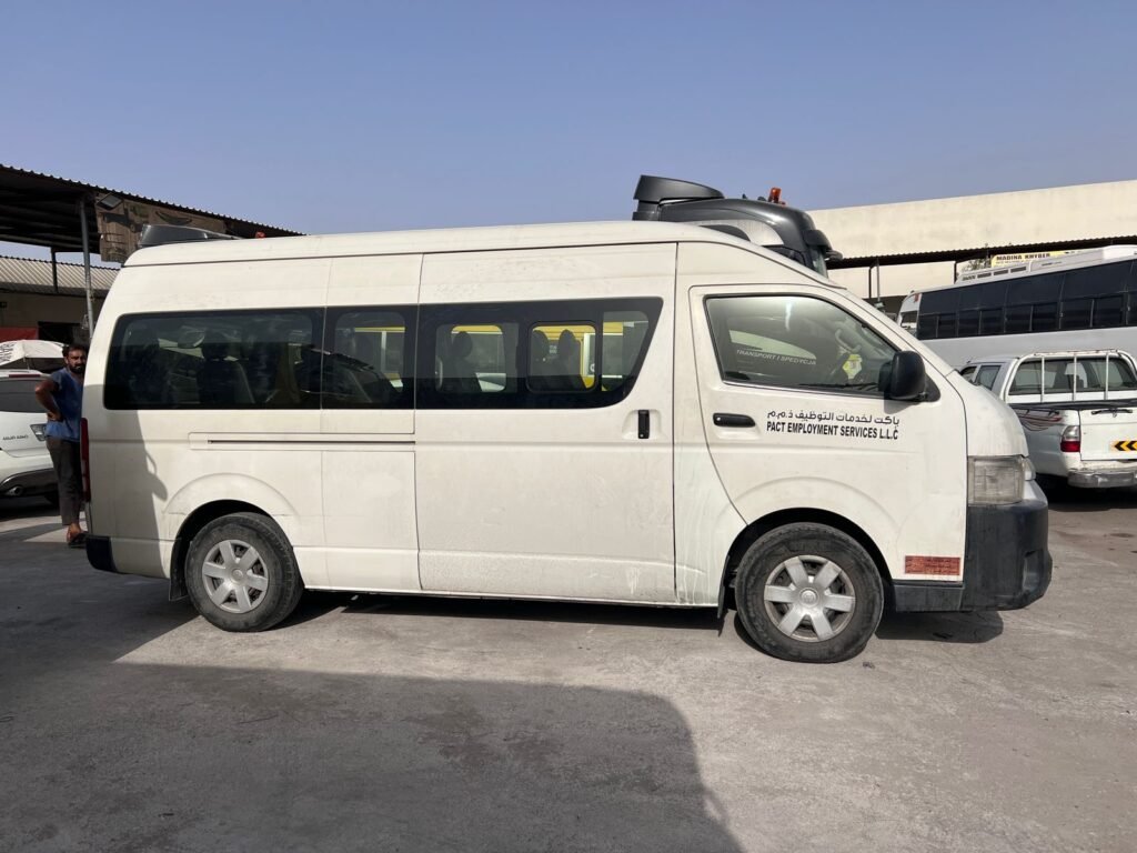 14-seater Toyota Hiace van available for rent in Dubai, suitable for group travel and corporate transport.