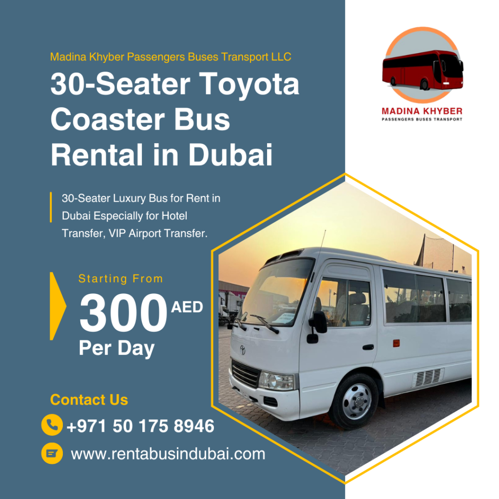 A 30-seater Toyota Coaster bus available for rental in Dubai, ideal for group travel and efficient transportation needs.