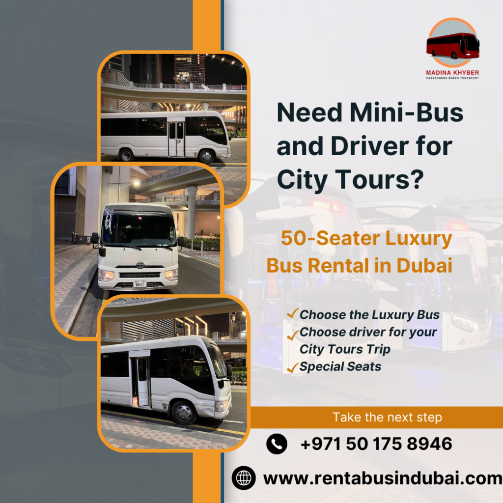 A well-maintained Toyota Coaster bus for rent in Dubai, ideal for group travel, school trips, or corporate transportation.