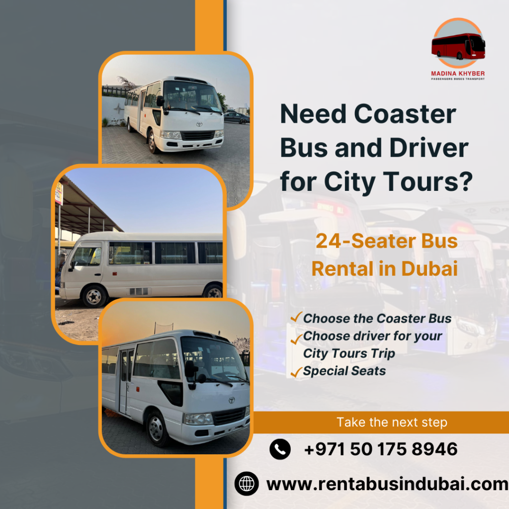 A white Toyota Coaster bus available for rent in Dubai, parked in an urban setting, ideal for group travel and corporate transport needs