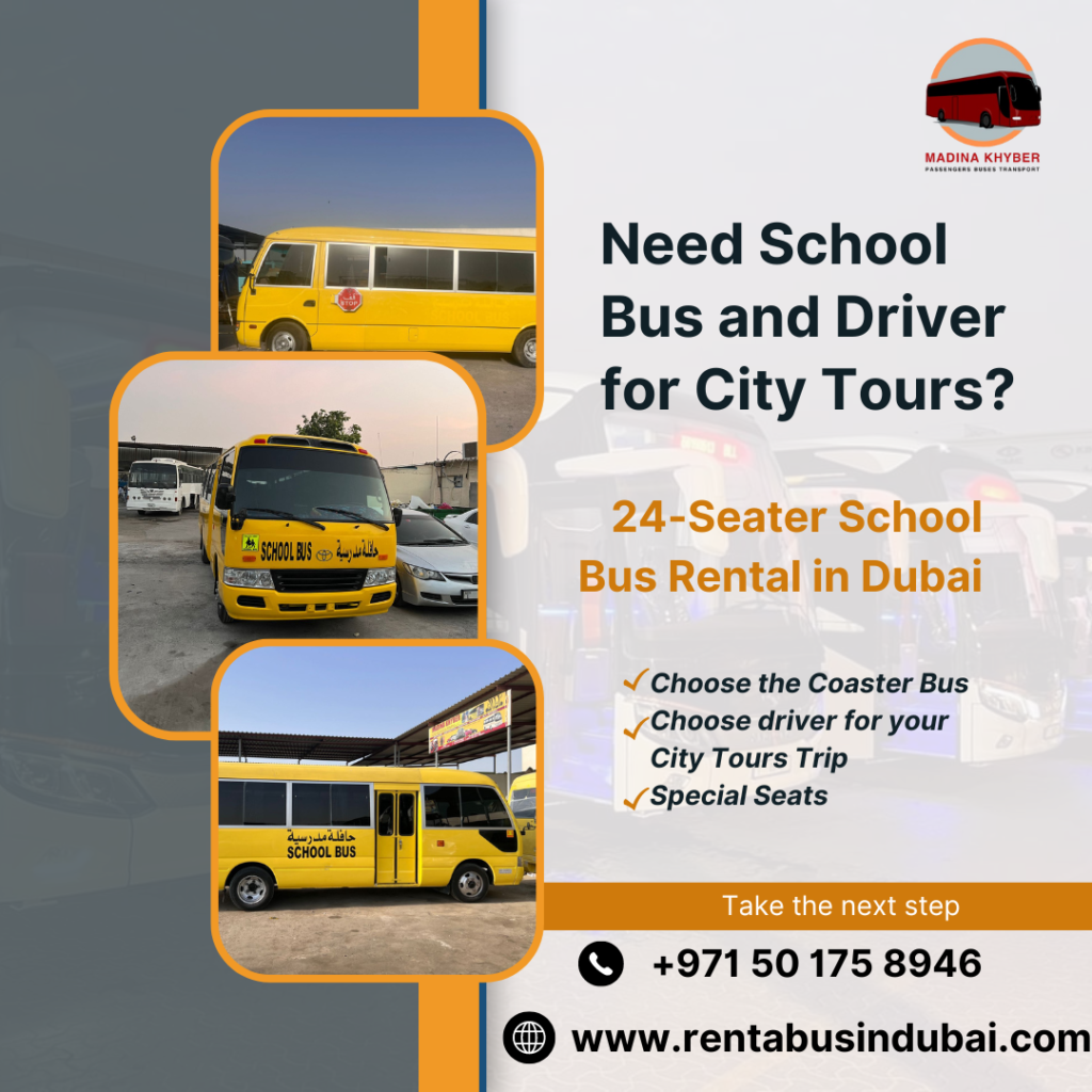 A Toyota Coaster school bus for rental in Dubai, tailored for safe and reliable student transportation.