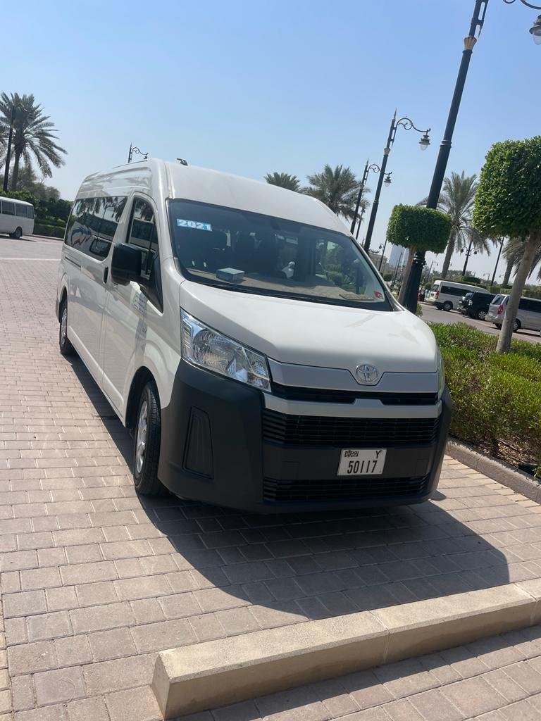 Toyota Hiace van for rent in Dubai, ideal for group transportation and daily commuting needs.